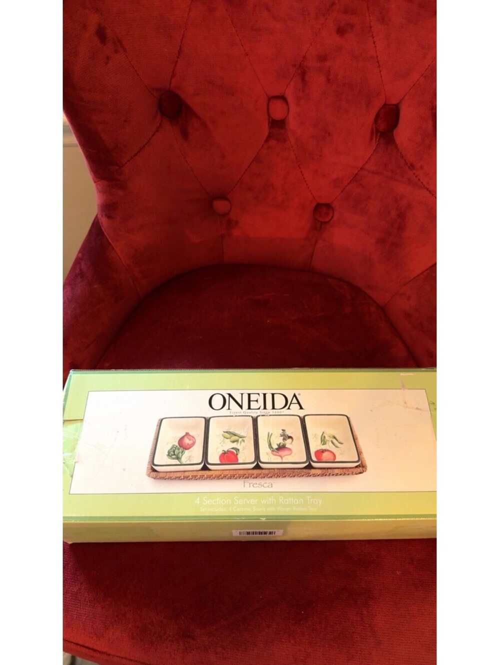 Oneida Fresca 4-Piece Ceramic Square Vegetable Coaster Set w/ Rattan Holder